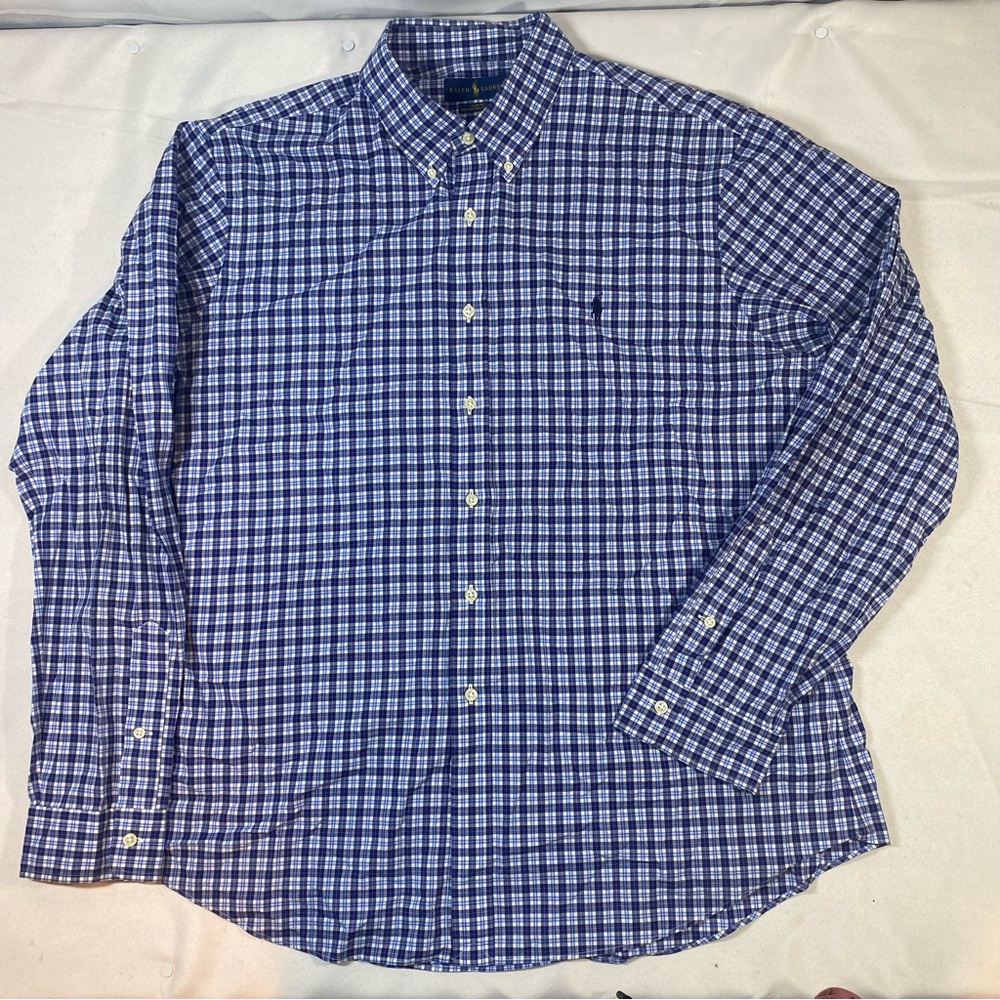 Ralph Lauren Shirt Men’s Size 2XL Long Sleeve Blue Business 100% Cotton Plaid